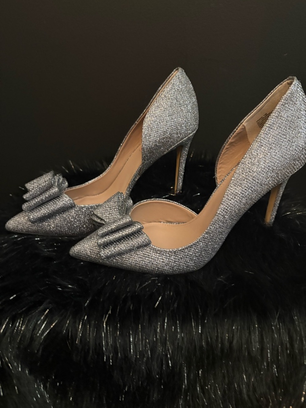 Betsey Johnson Silver Glitter Pointed-Toe Bow Pumps
